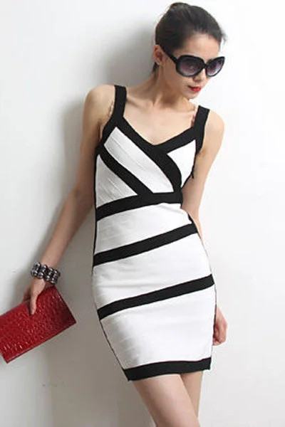 Color Block V Neck White Bandage Dress