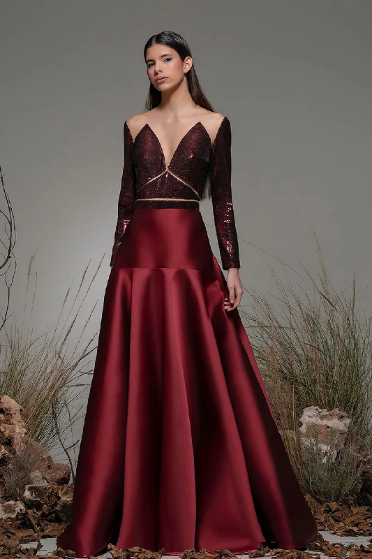 Cut-out bodice pleated burgundy gown