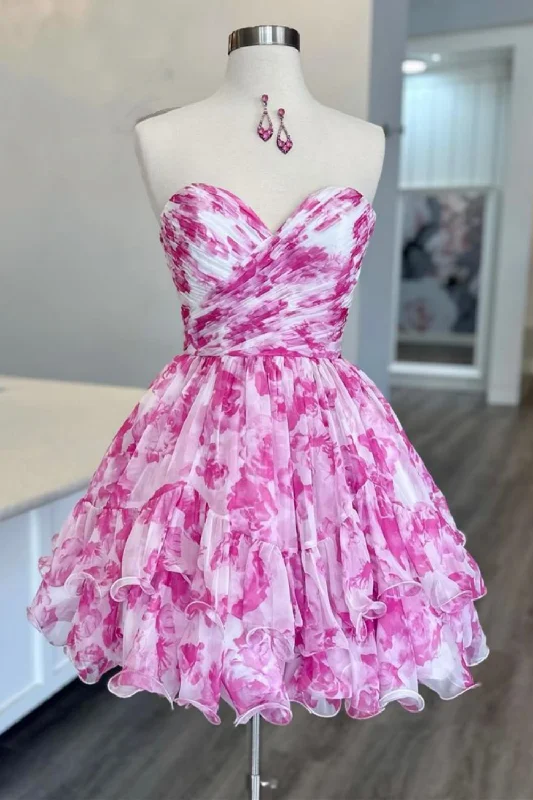 Cute Pink A-Line Sweetheart Short Tiered Print Chiffon Homecoming Dress