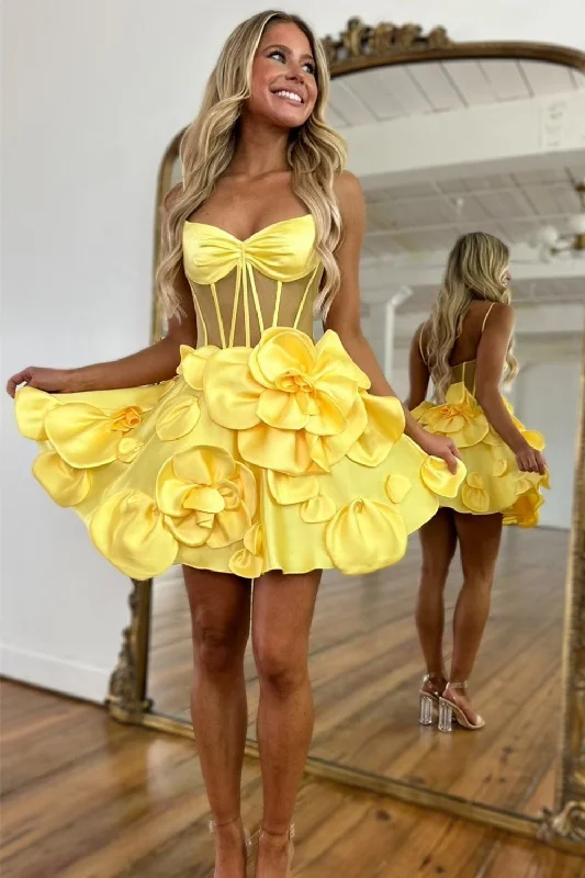 Cute Yellow A-Line Spaghetti Straps Short Floral Satin Homecoming Dress