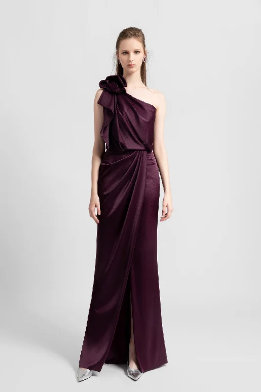 Draped one shoulder satin dress