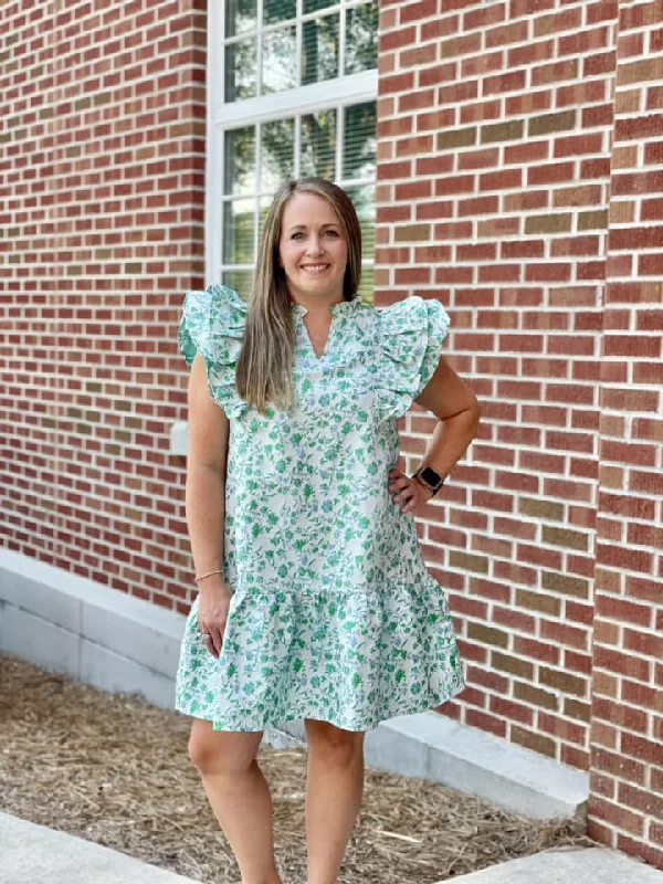 Entro Floral Ruffle Shift Dress - Blue/Green