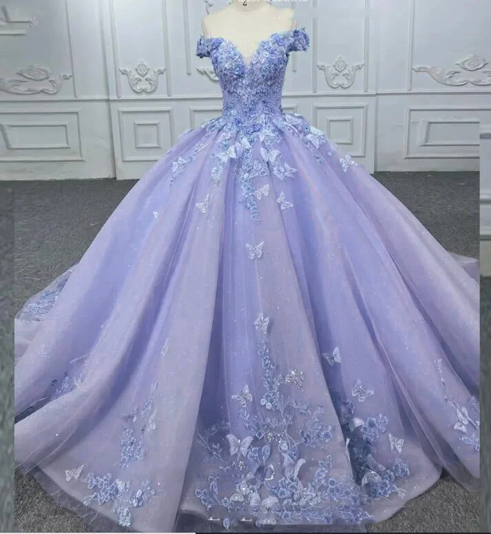 Floral Prom Dress  Lace Lavender Ball Gown formal Dress  PL4611