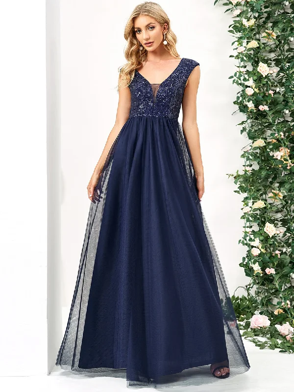 Glamorous Sleeveless A Line Wholesale Evening Dresses with Deep V Neck