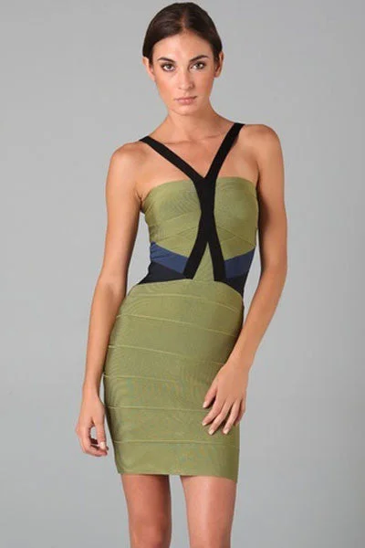 Green V Neck Hollow-out Bandage Dress