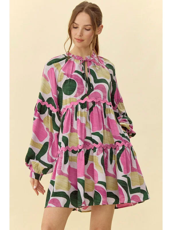 Jodifl Pattern Ric Rac Dress - Pink/Green