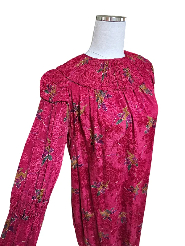 Laura Biagiotti for Bonwit Teller Made in Italy Vintage 1970s Smocked Raspberry Floral Jacquard Silk Dress 44