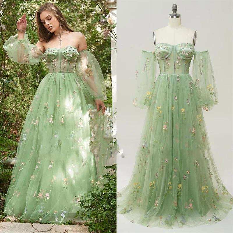 Light sage Green off the shoulder puffy sleeve floral Prom Dress long 2024 PL2364