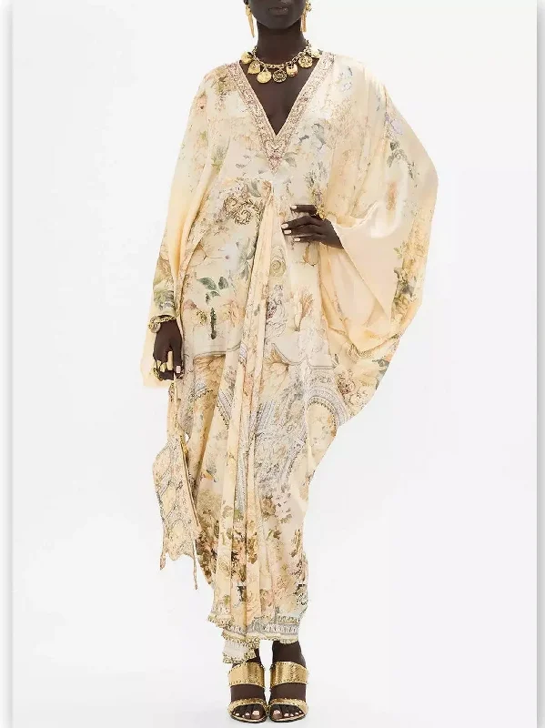 Long Draped V-Neck Kaftan Print Dress in Beige