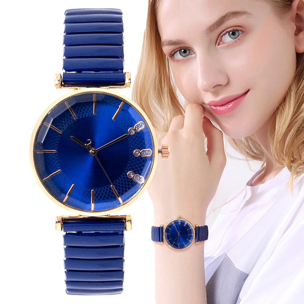 Luxury Treasure Blue Simple Crystal Ladies Quartz Watch Casual Stainless Steel Stretch Strap Fashion Women Dress Clock Watches