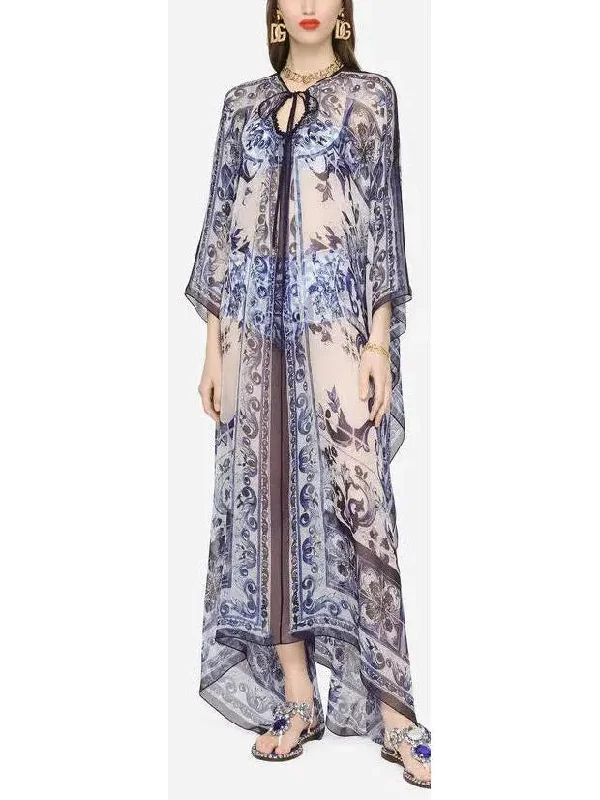 Majolica-Print Chiffon Kaftan Dress with Under Bralette Cropped Tank Top and Short Set