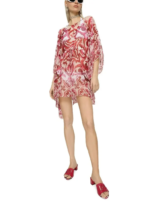 Majolica Print Chiffon Short Kaftan Dress