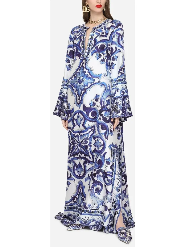 Majolica Print Long Twill Kaftan, Blue