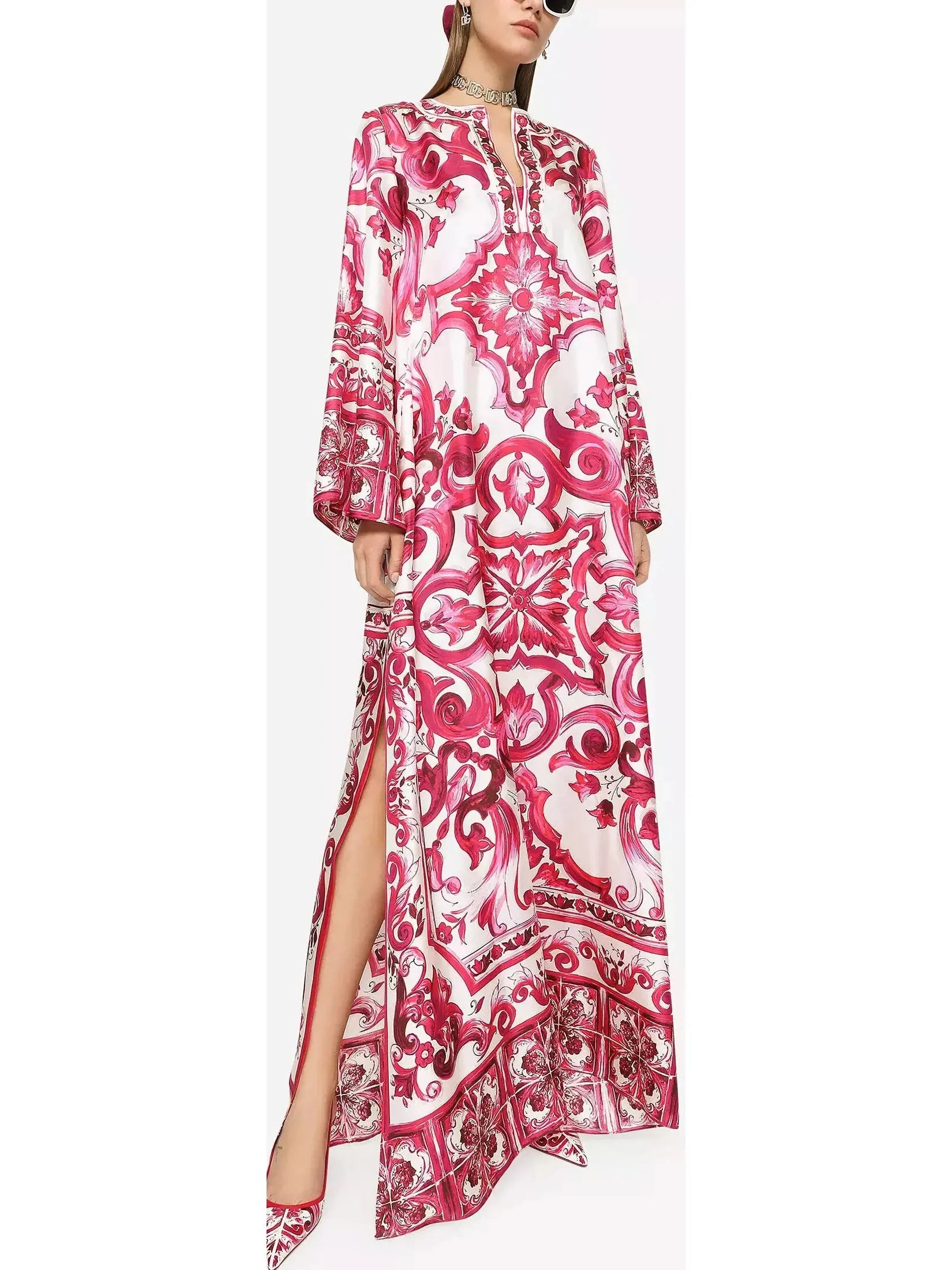 Majolica Print Long Twill Kaftan, Red