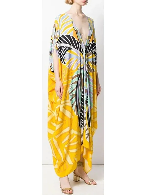 Printed Abstract V-Neck Kaftan Dress in Yellow and Multi