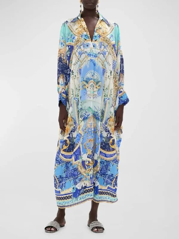 Printed Silk Kaftan Dress with Wing Collar