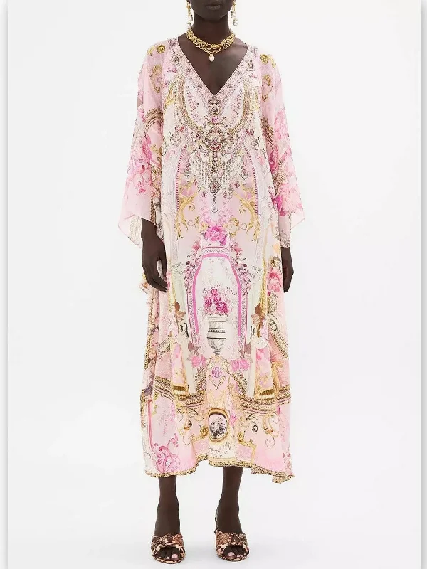 Printed V-Neck Pink Toned Kaftan Dress with Raglan Sleeves