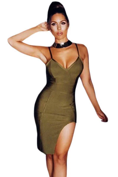 Sexy Army Green Slit Thigh Bandage Dress