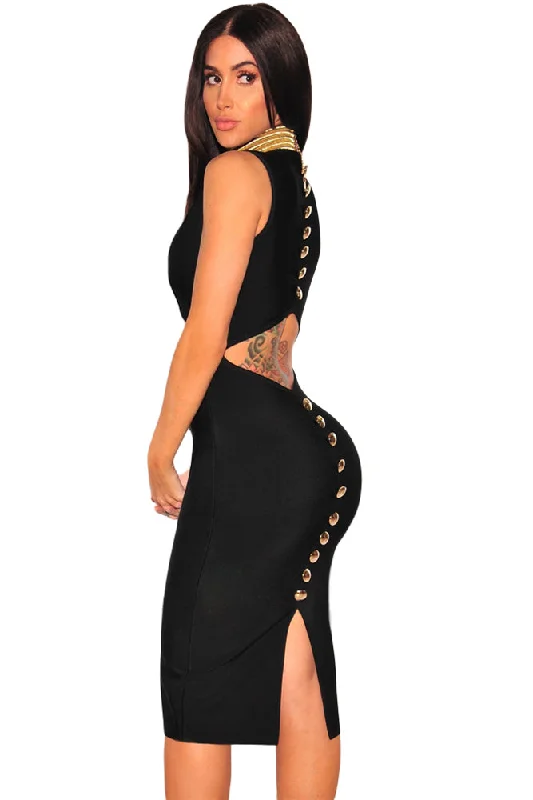 Sexy Black Gold Button Cut Out Back Bandage Dress