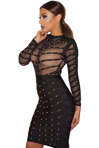 Sexy Black Studded Mesh Bandage Dress