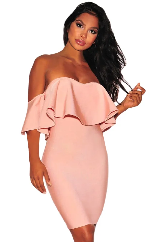 Sexy Blush Pink Ruffle Off Shoulder Bandage Dress