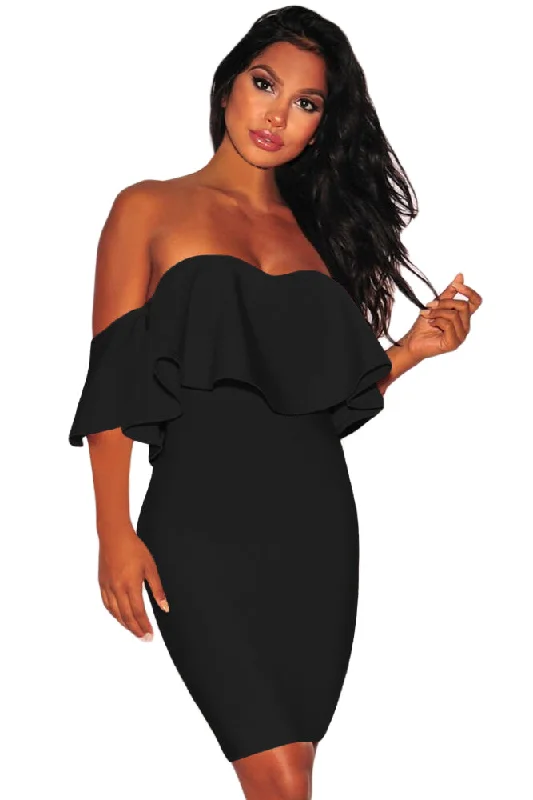 Sexy Solid Black Ruffle Off Shoulder Bandage Dress