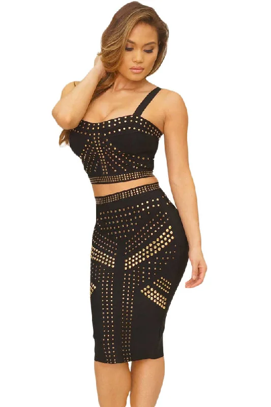 Studded Black Leatherette 2pcs Bandage Dress