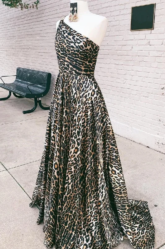 Stunning Leopard Print One Shoulder A Line Long Prom Dresses Y0323