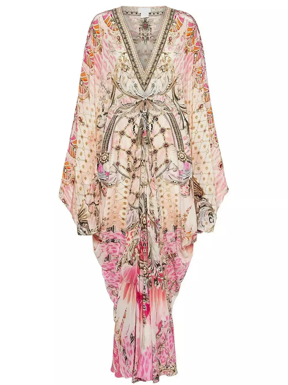 Tie-Waist Print V-Neck Silk Kaftan Dress in Pink Shades