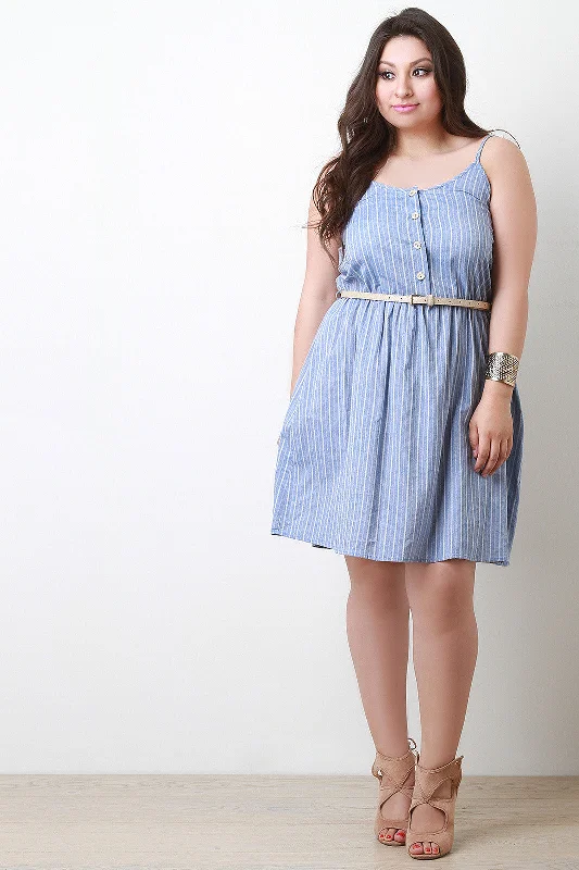 Belted Button-Up Striped Sundress