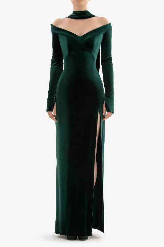 Velvet off-shoulder gown with slit