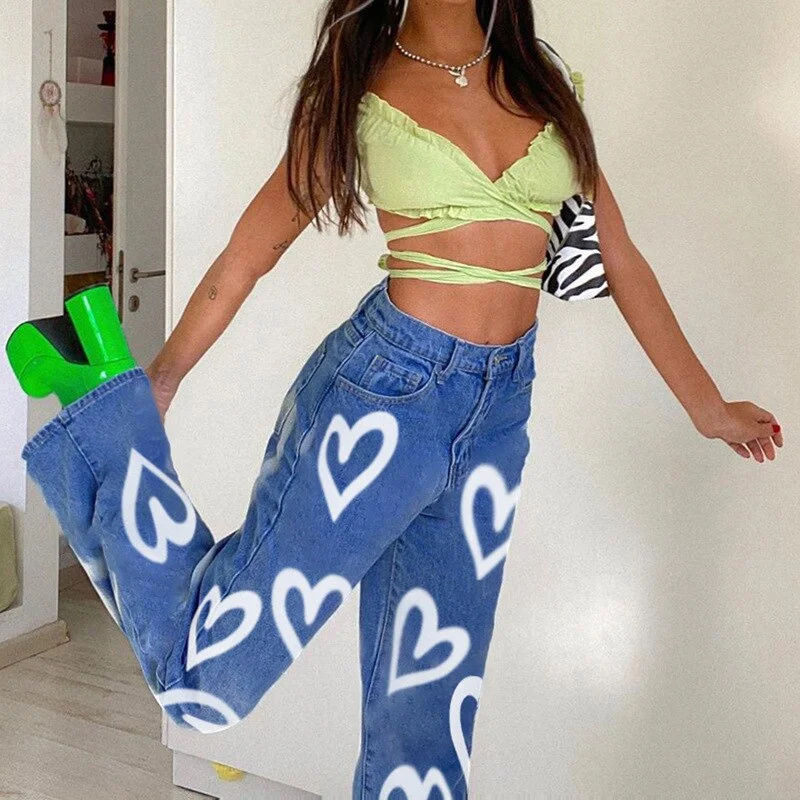 2022 Casual Printed Heart Straight Slim Jeans Vintage High Waist Trousers Women Denim Pants Vaqueros Mujer Streetwear