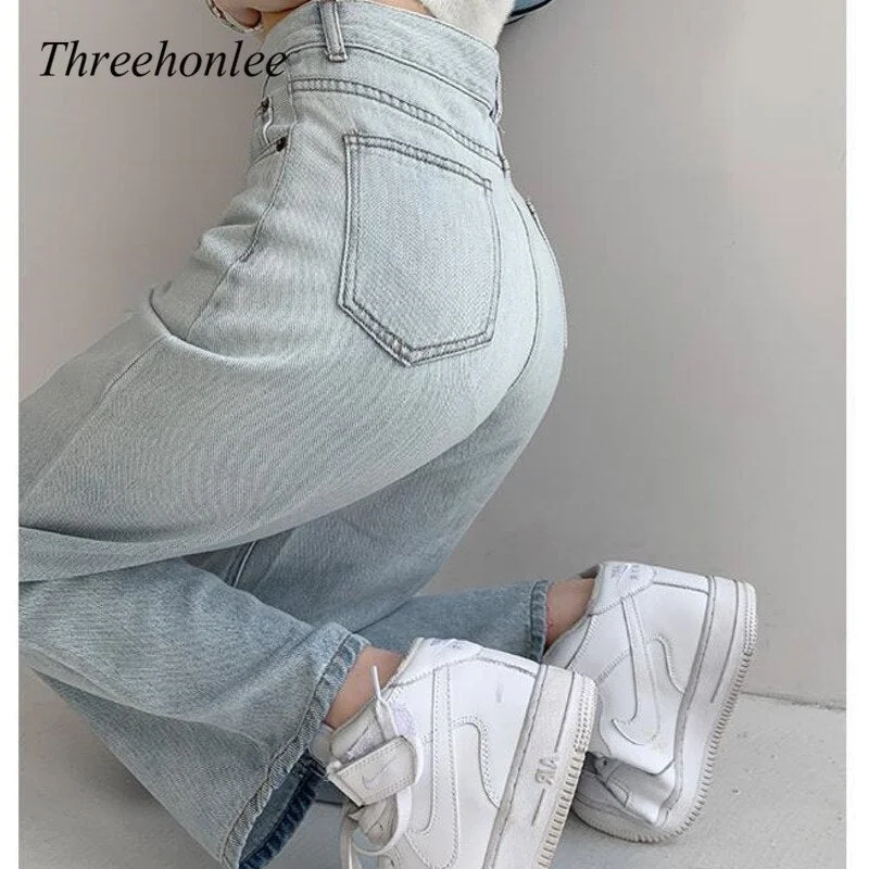 2022 Women's Straight Jeans High Waist Casual Thin Slim Wide Leg Trousers Loose Retro Floor Pants