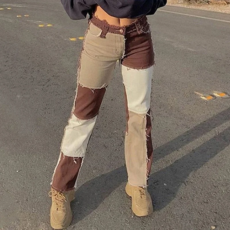 Autumn Brown Women Cowboy Striped Patchwork Jeans Street Casual Hip Hop High Waist Loose Straight Jeans Women's Pants