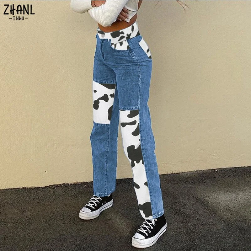 Autumn Patchwork Cow Print Jeans Women Casual High Waisted Pants Straight Harajuku 90s Black Long Trousers Ladies Streetwear