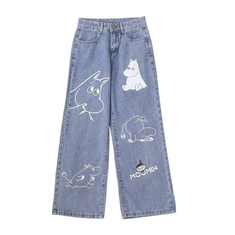 Cartoon Pattern Printed Jeans Women 2022 Y2K Clothes Casual Loose Denim Trousers Blue Straight Leg Long Pants For Ladies