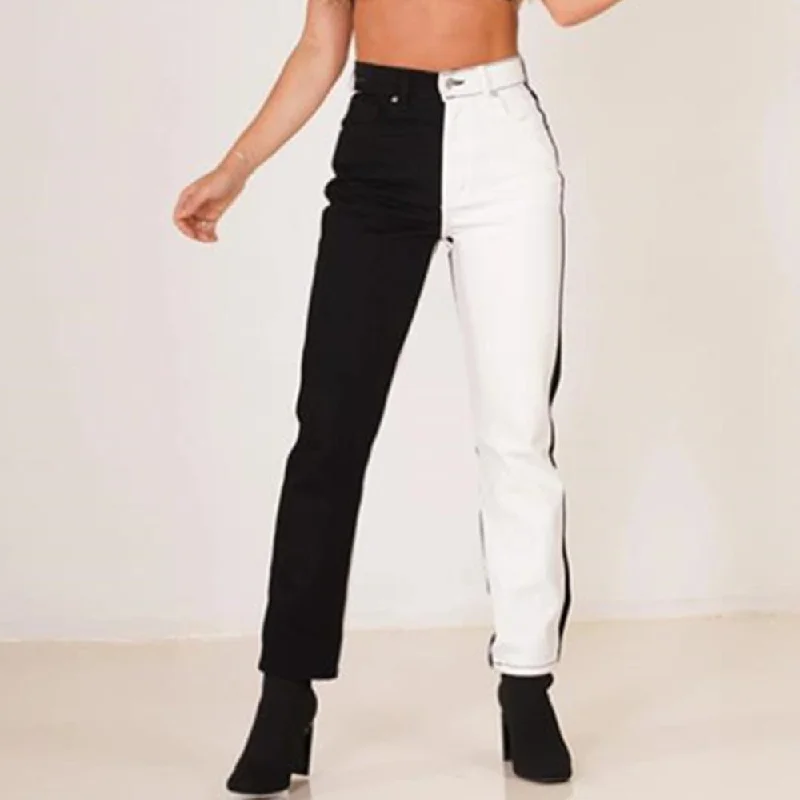 Casual Women Black White Patchwork Straight Trousers Hip Hop Slim Woman Jeans 2022 Autumn Denim Pants