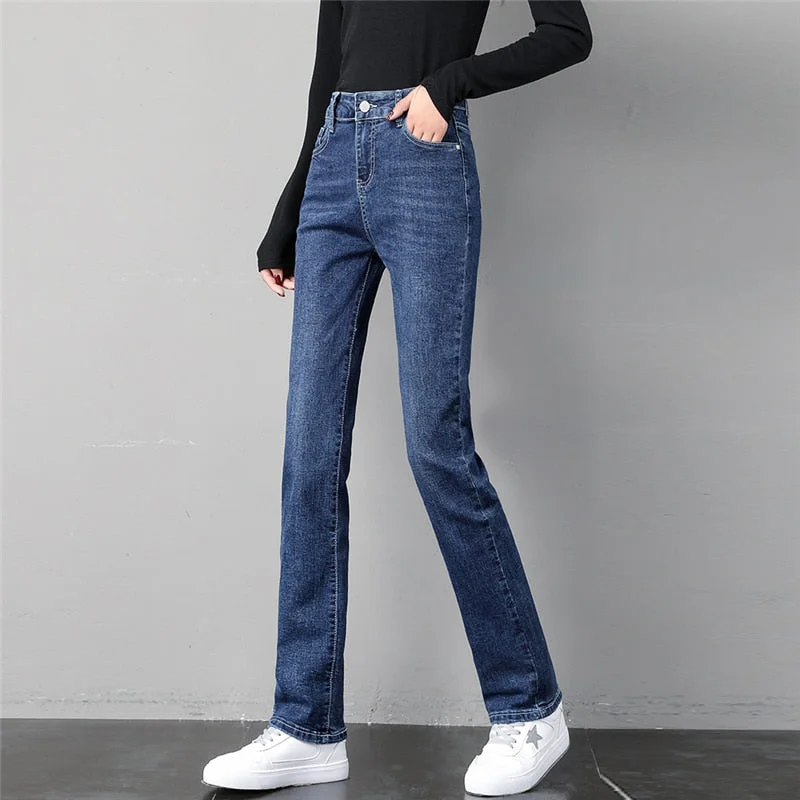 Classic Stretch Slim Straight Leg Jeans Women Casual Blue Denim Trousers Large Size Korean High Waist Washed Denim Pants