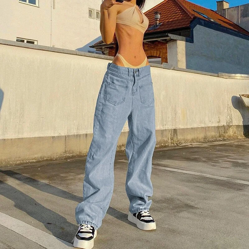 Cyber Y2k Casual Wide Leg Long Front Pockets Light Blue Denim Pants 2022 Baggy Jeans High Waist Loose Pants Streetwear Women