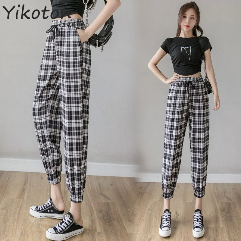 Harajuku Plaid Pants For Women Trousers 2022 Streetwear Woman Harem Pants Autumn Ladies Casual Pants Drawstring Joggers