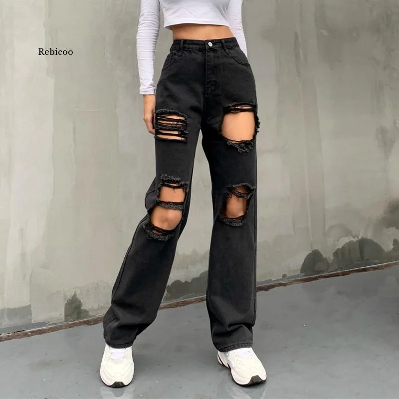 Hole Ripped Black Woman Distressed Jeans Casual Hip Hop High Waist Pants Pocket Straight Denim Trousers Ladies