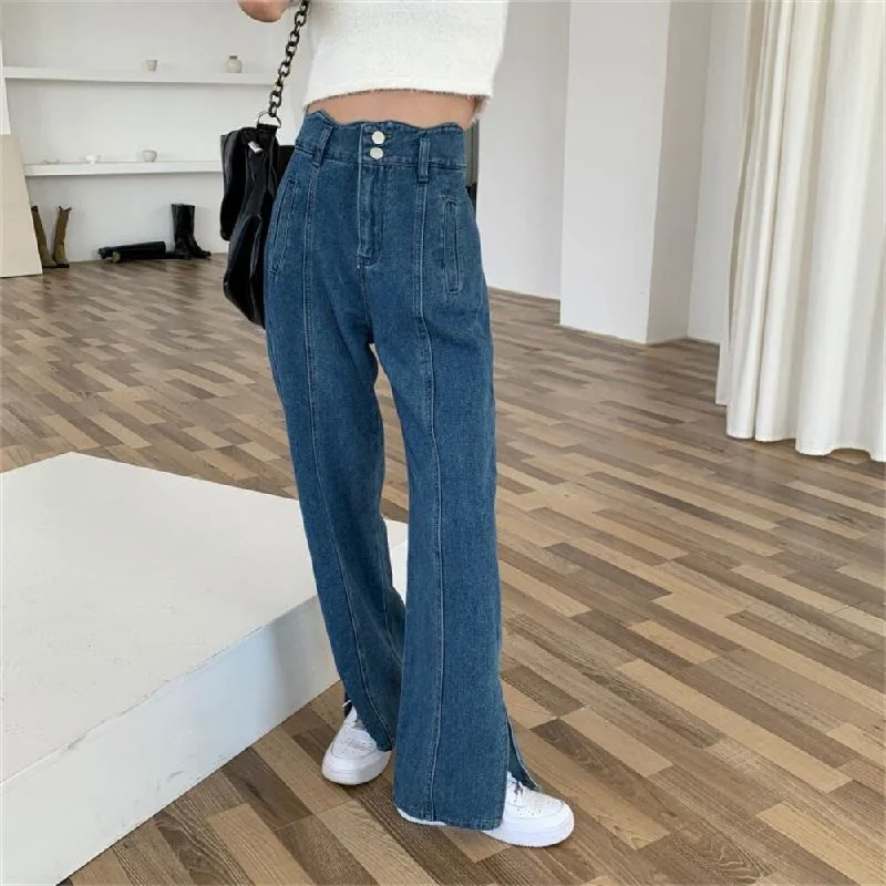 HziriP 2022 Summer Split Loose Casual Streetwear Jeanswear Wide Leg Plus Size Pants Slim Femme All Match Straight Denim Trousers