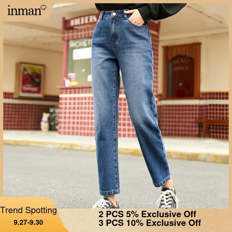 INMAN Winter Women's Jeans Straight Tube Loose Washed Mid Waist Casual Pants Pure Cotton Pants