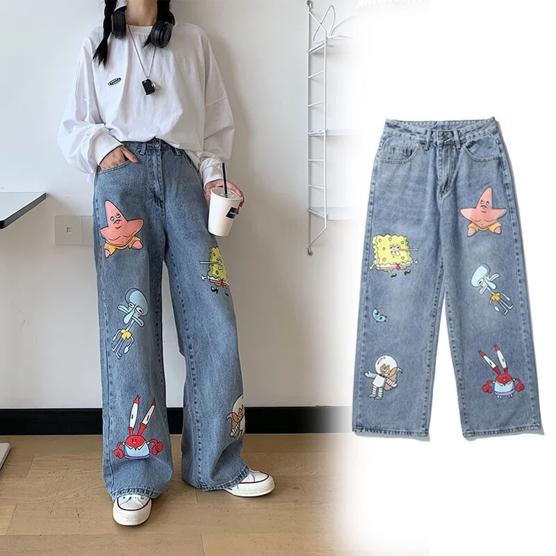 Jean Femme Baggy Jeans Pants Cartoon Print Trousers Harajuku Hip-hop Streetwear Loose Casual Jeans Woman High Waist