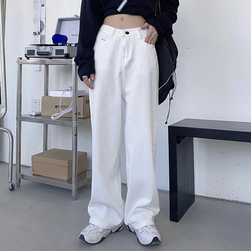 Jeans for Women Spring Ins Harajuku Style Retro White Straight-Cut Loose Wide Leg Mopping All-Matching Casual Pants