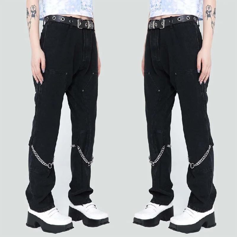 Jeans Men Solid Patchwork Chain Denim Pants Unisex Baggy Casual Retro Punk All-match Harajuku Trouser Autumn Streetwear