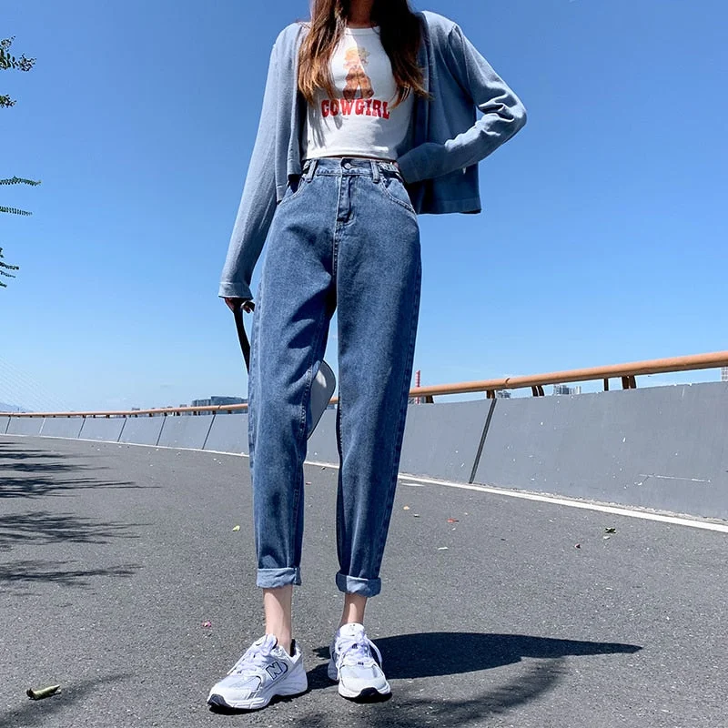 Korean High Waist Jeans Women Harem Pants Loose Casual Plus Size High Street Denim Trousers Pantalon Femme Vintage With Belt B90