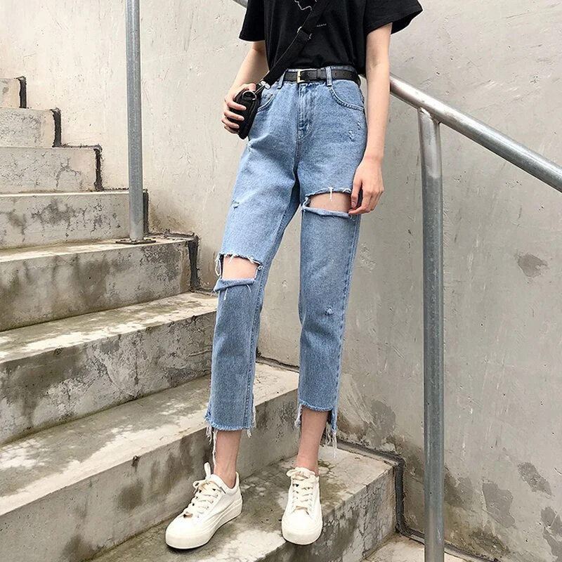 Korean Ripped Holde Jeans Women's Washed Casual Straight Baggy Pants Women High Waist Thin Wid Leg Trousers Mom Jeans