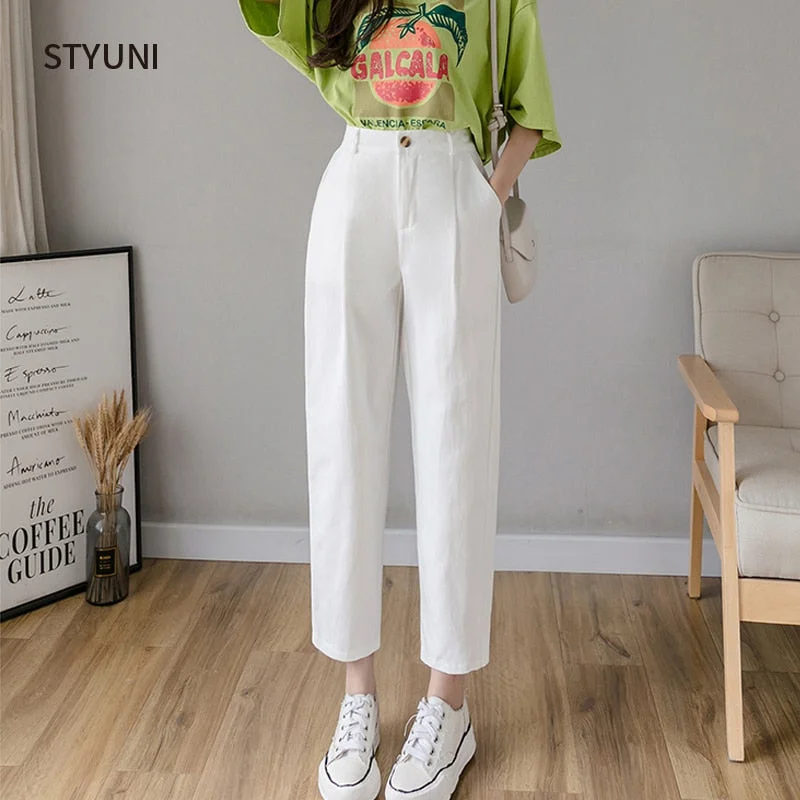 Korean women's black pants cotton 2022 white casual pants women loose harem pants high waist overalls nine-point plus size