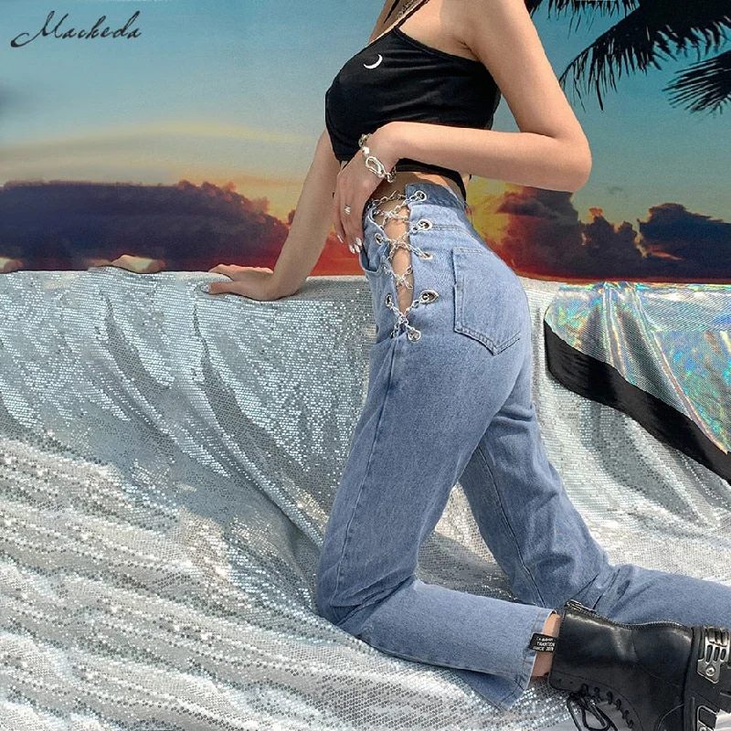 Macheda High Waist Hollow Out Chain Design Woman Jeans   Retro Streetwear Casual Skinny Lady Pants mujer 2022 New